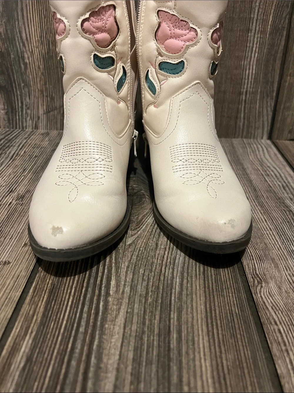 Source Unknown Cream Kids Western Boots with Pink & Teal Floral Appliqué
